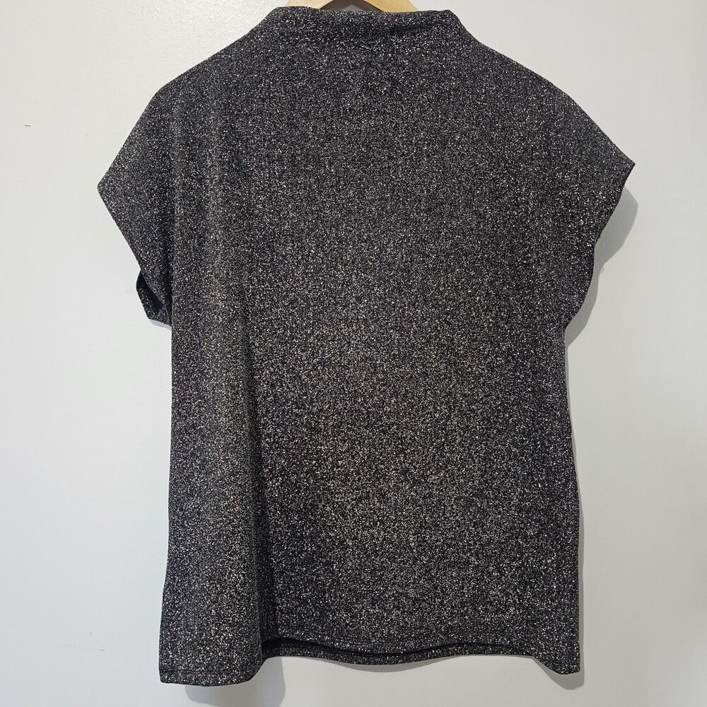 Calvin Klein - Blouse Metallic Knit Cap Sleeve Mock Neck - Size L - Black Silver - Picture 3 of 9